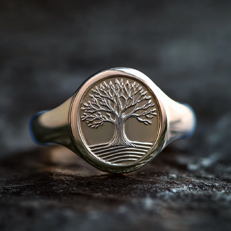 Men's Engraved Lucky Tree of Life Oval Signet Ring