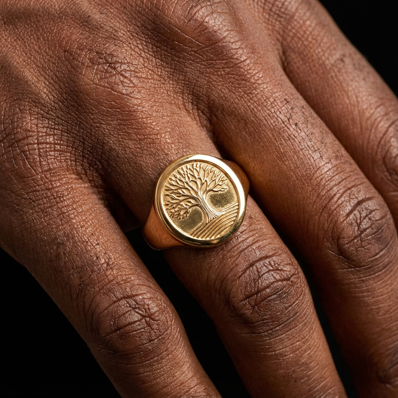 Men's Engraved Lucky Tree of Life Oval Signet Ring
