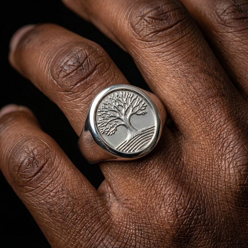 Men's Engraved Lucky Tree of Life Oval Signet Ring