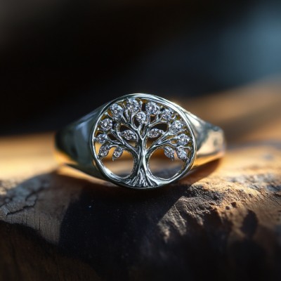 Diamond Lucky Hollow Tree of Life Round Signet Ring