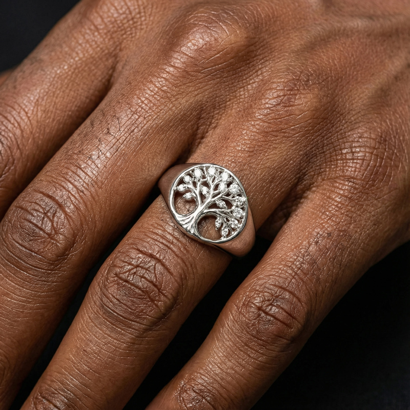 Diamond Lucky Hollow Tree of Life Round Signet Ring