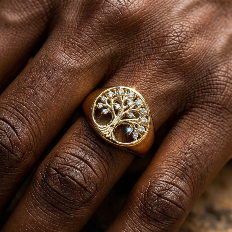 Diamond Lucky Hollow Tree of Life Round Signet Ring