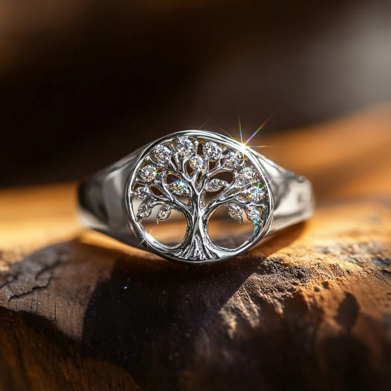 Diamond Lucky Hollow Tree of Life Round Signet Ring