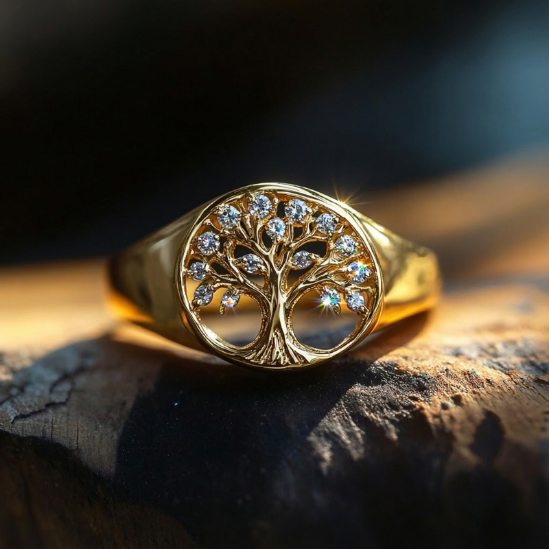 Diamond Lucky Hollow Tree of Life Round Signet Ring