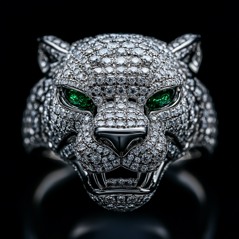 Iced Roaring Leopard Head with Emerald Eye Ring