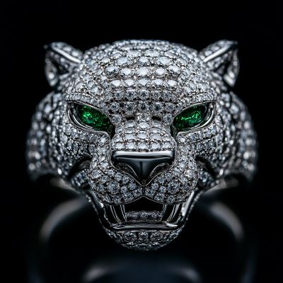 Iced Roaring Leopard Head with Emerald Eye Ring