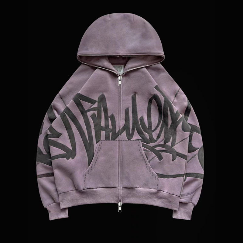 Hip Hop Foam Print Zipper Hoodie Set