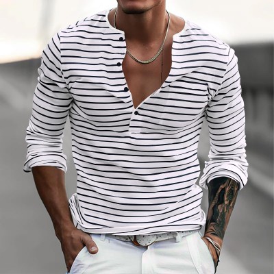 Henley Collar Striped T-shirt