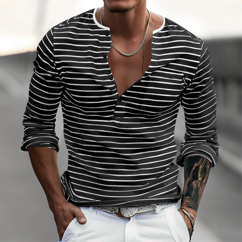 Henley Collar Striped T-shirt