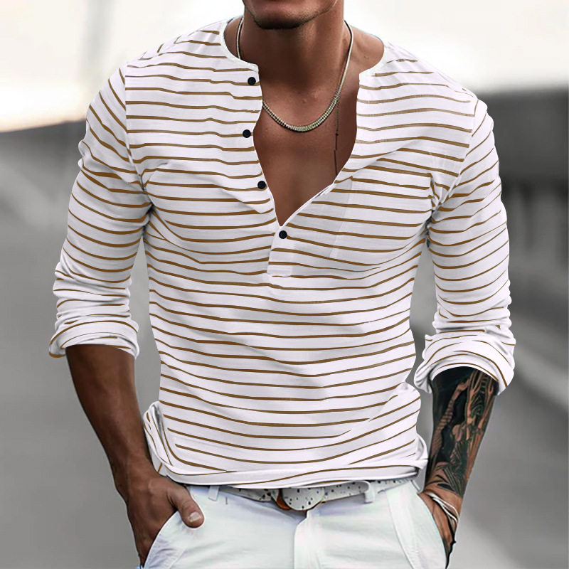 Henley Collar Striped T-shirt