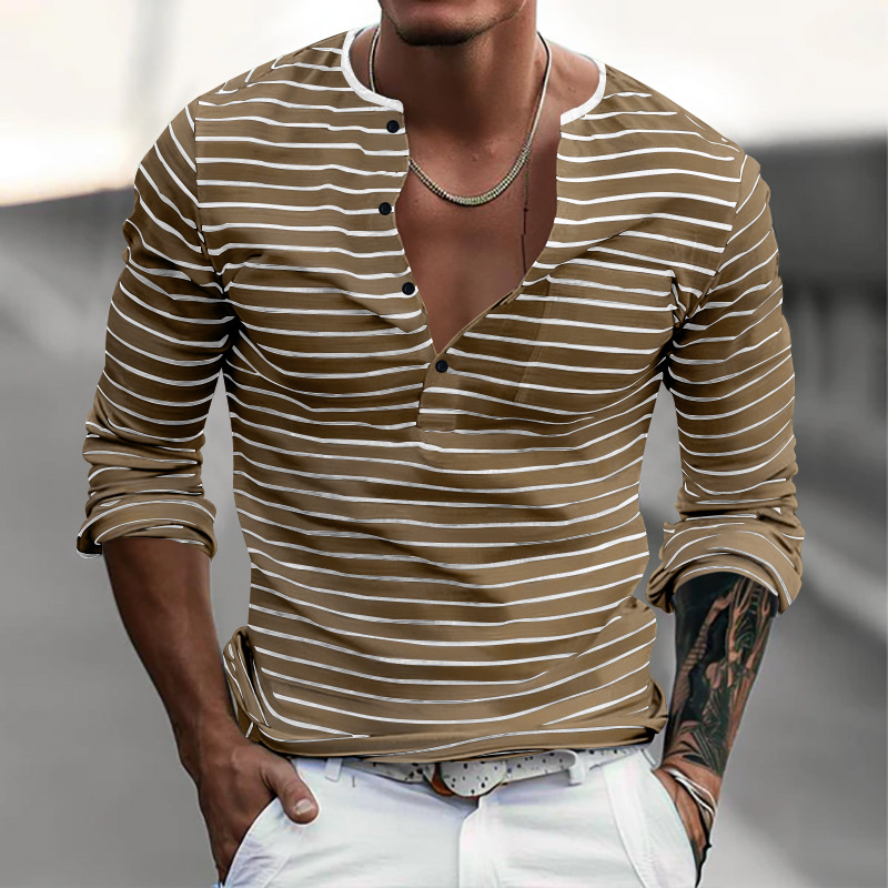 Henley Collar Striped T-shirt