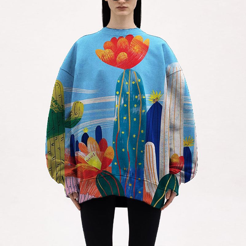 Unisex Cactus Graffiti Crew Neck Sweatshirt