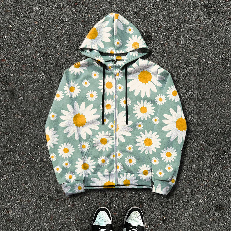 Daisy Print Zipper Hoodie