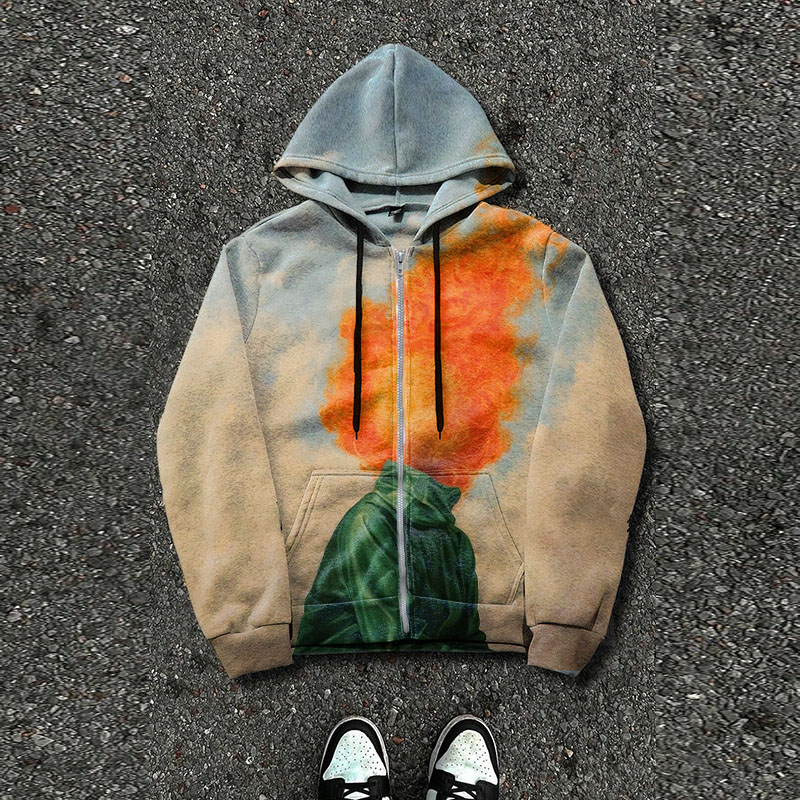 Burning Man Print Zip Hoodie