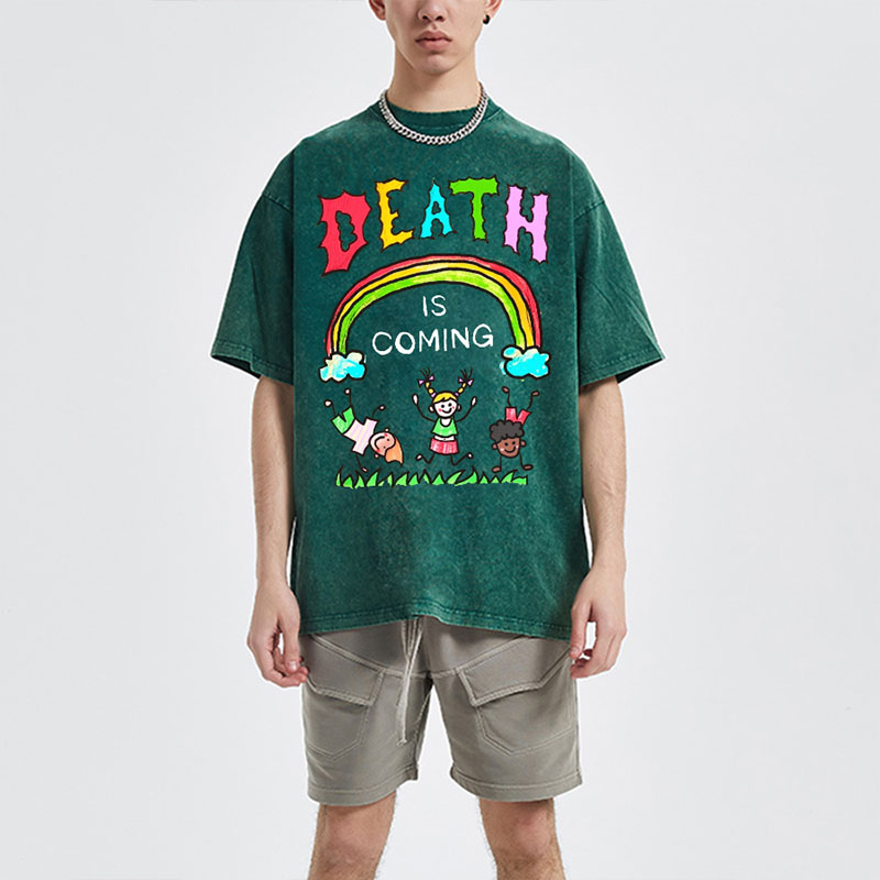 Unisex Death Is Coming Print Vintage Washed T-Shirt