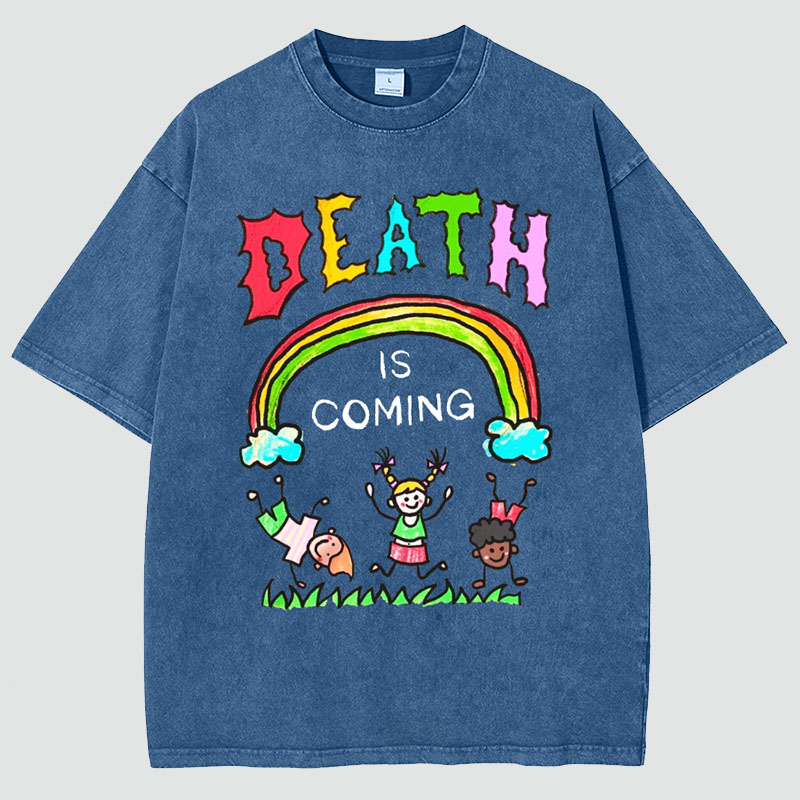 Unisex Death Is Coming Print Vintage Washed T-Shirt