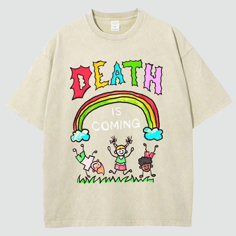 Unisex Death Is Coming Print Vintage Washed T-Shirt