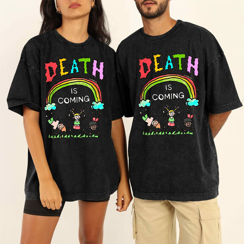 Unisex Death Is Coming Print Vintage Washed T-Shirt