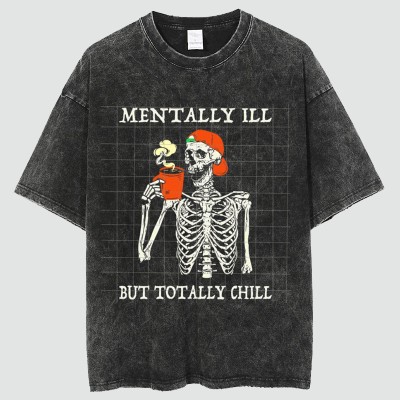 Unisex Mentally Ill Print Washed T-Shirt