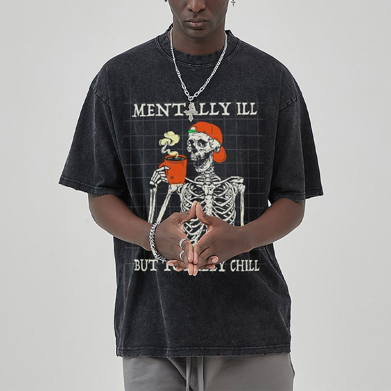 Unisex Mentally Ill Print Washed T-Shirt