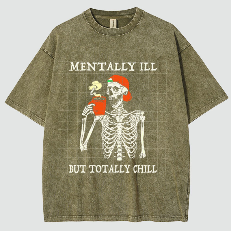 Unisex Mentally Ill Print Washed T-Shirt