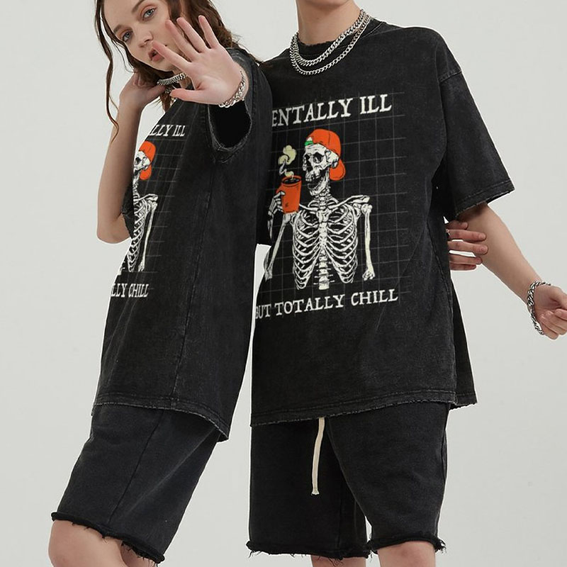 Unisex Mentally Ill Print Washed T-Shirt