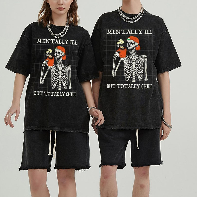 Unisex Mentally Ill Print Washed T-Shirt