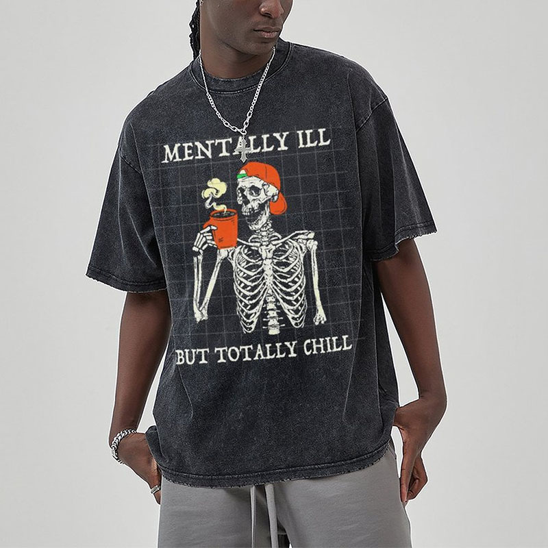 Unisex Mentally Ill Print Washed T-Shirt