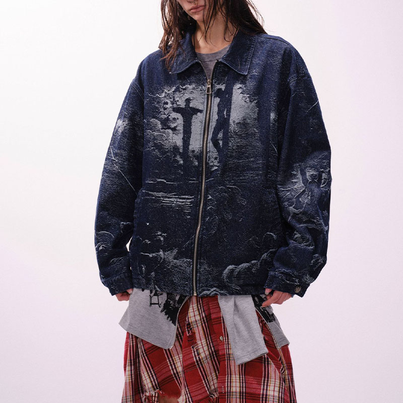 Cross Jacquard Zip Up Denim Jacket Cross Jacquard Zip Up Denim Jacket