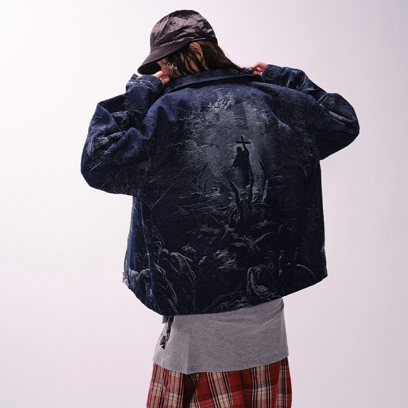 Cross Jacquard Zip Up Denim Jacket Cross Jacquard Zip Up Denim Jacket