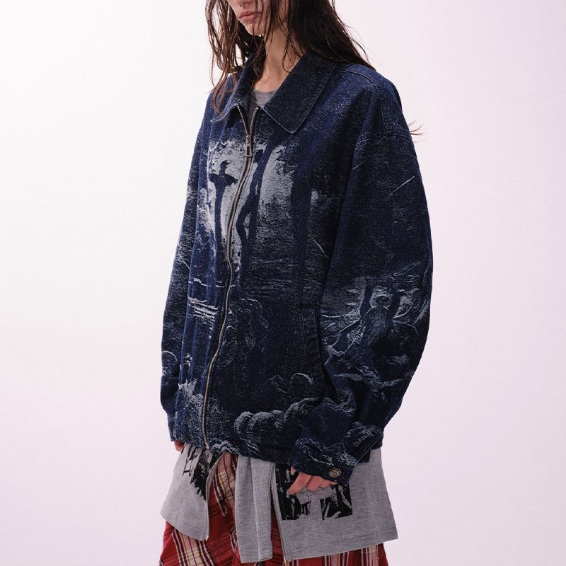 Cross Jacquard Zip Up Denim Jacket Cross Jacquard Zip Up Denim Jacket