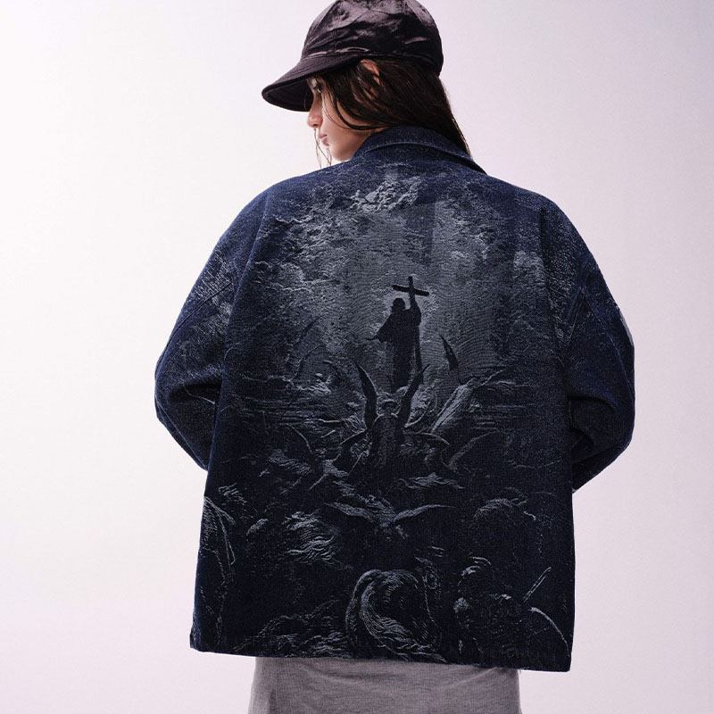 Cross Jacquard Zip Up Denim Jacket Cross Jacquard Zip Up Denim Jacket