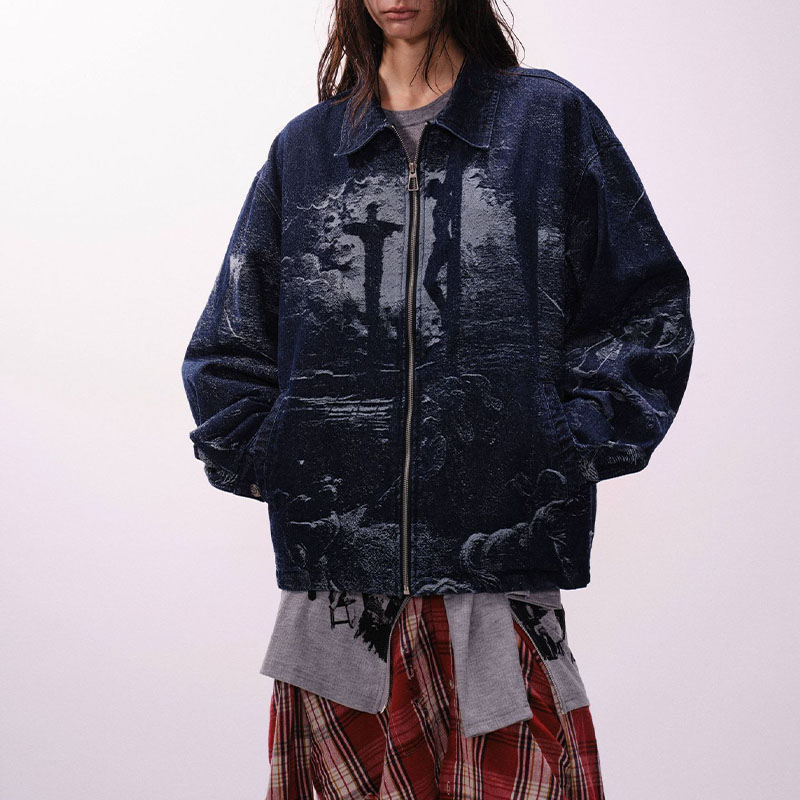 Cross Jacquard Zip Up Denim Jacket Cross Jacquard Zip Up Denim Jacket