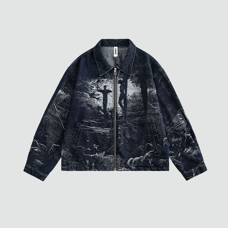 Cross Jacquard Zip Up Denim Jacket Cross Jacquard Zip Up Denim Jacket