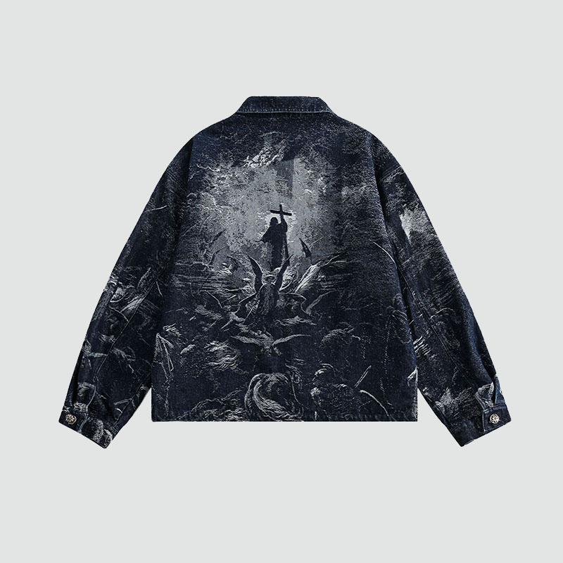 Cross Jacquard Zip Up Denim Jacket Cross Jacquard Zip Up Denim Jacket