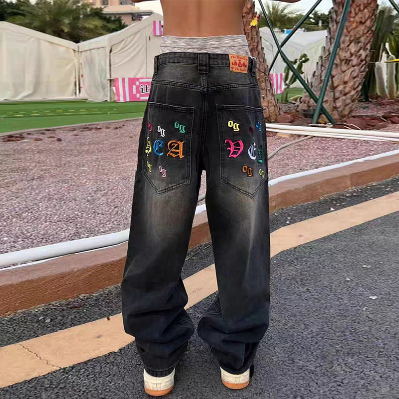 Vintage Gradient Letter Embroidered Jeans
