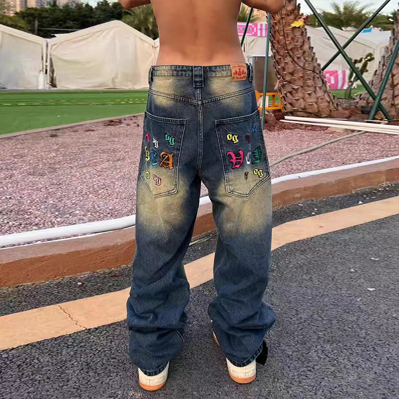 Vintage Gradient Letter Embroidered Jeans