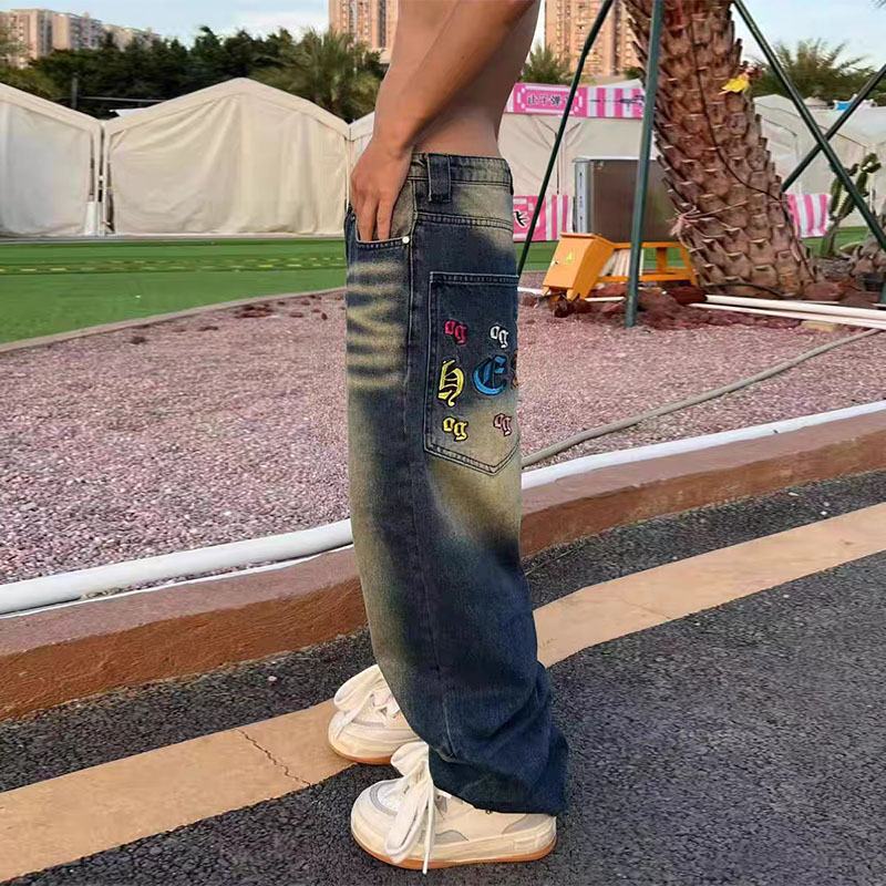 Vintage Gradient Letter Embroidered Jeans
