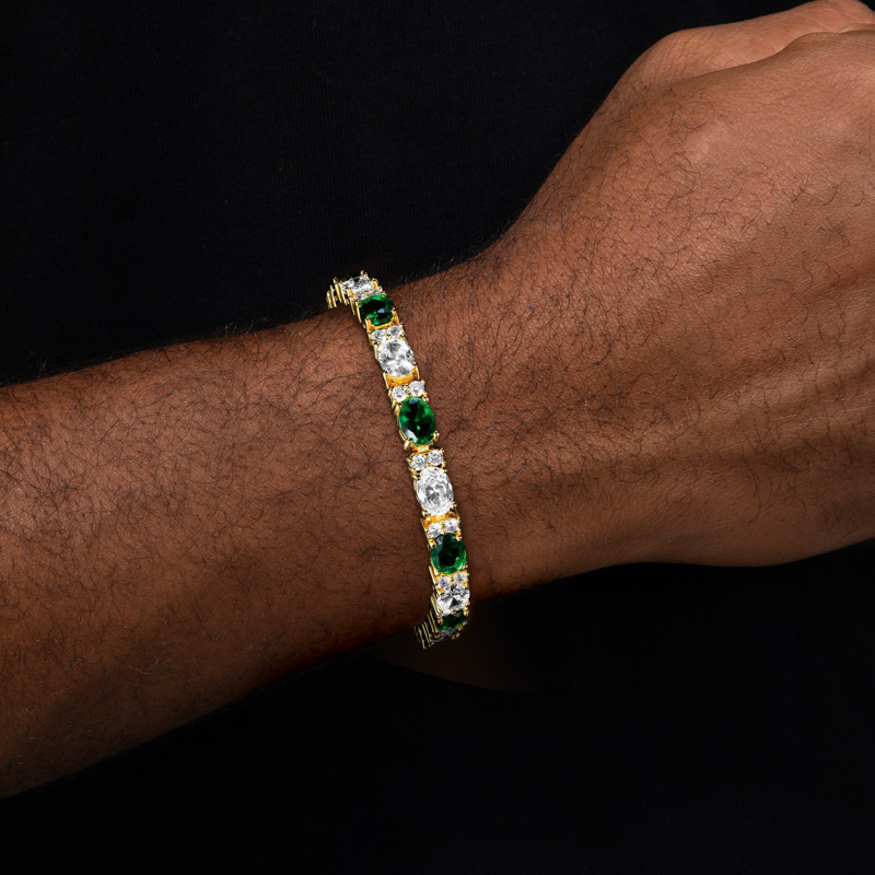 Iced Out White&Emerald Oval Stone Bracelet in Gold Plating Iced Out White&Emerald Oval Stone Bracelet in Gold Plating