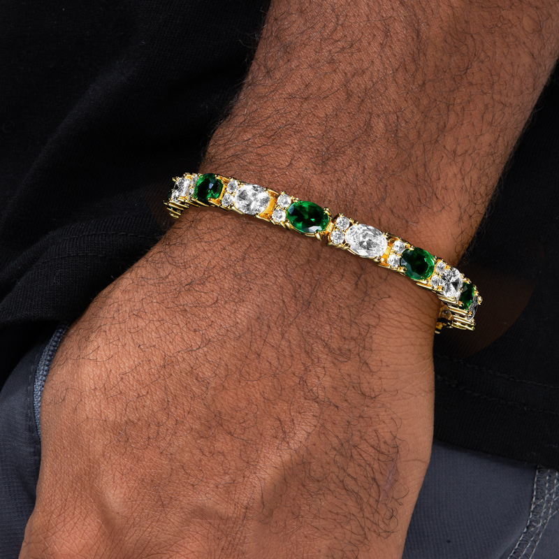 Iced Out White&Emerald Oval Stone Bracelet in Gold Plating Iced Out White&Emerald Oval Stone Bracelet in Gold Plating