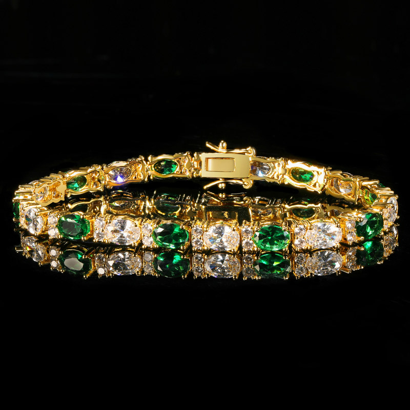 Iced Out White&Emerald Oval Stone Bracelet in Gold Plating Iced Out White&Emerald Oval Stone Bracelet in Gold Plating
