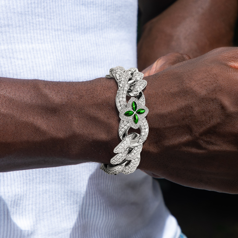 Iced 20mm Emerald Four Leaf Clover Cuban Bracelet