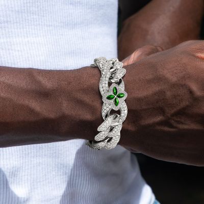 Iced 20mm Emerald Four Leaf Clover Cuban Bracelet in White Gold