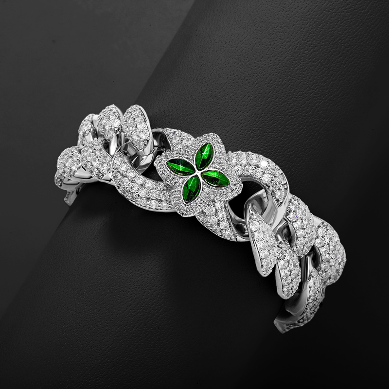 Iced 20mm Emerald Four Leaf Clover Cuban Bracelet