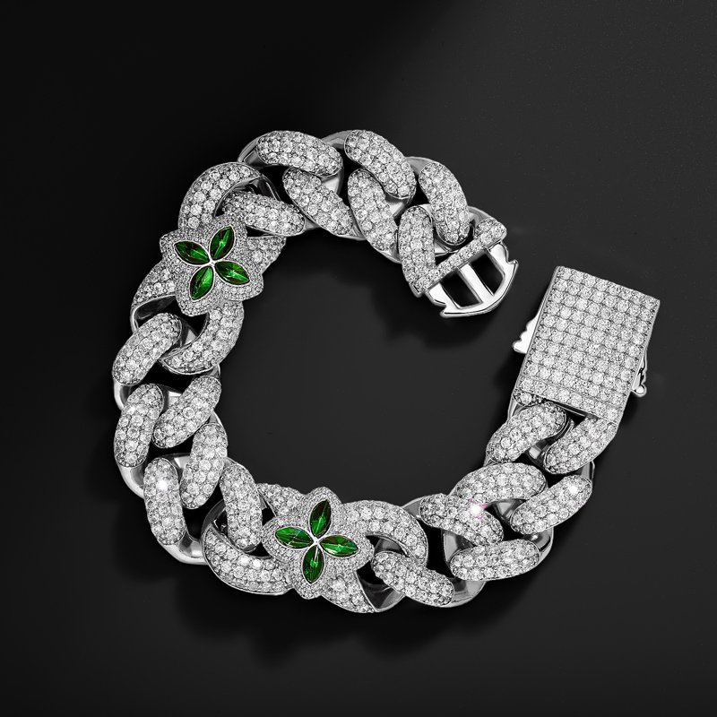 Iced 20mm Emerald Four Leaf Clover Cuban Bracelet