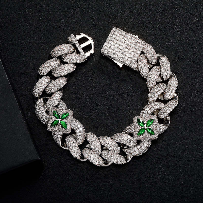 Iced 20mm Emerald Four Leaf Clover Cuban Bracelet