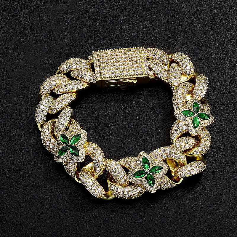 Iced 20mm Emerald Four Leaf Clover Cuban Bracelet