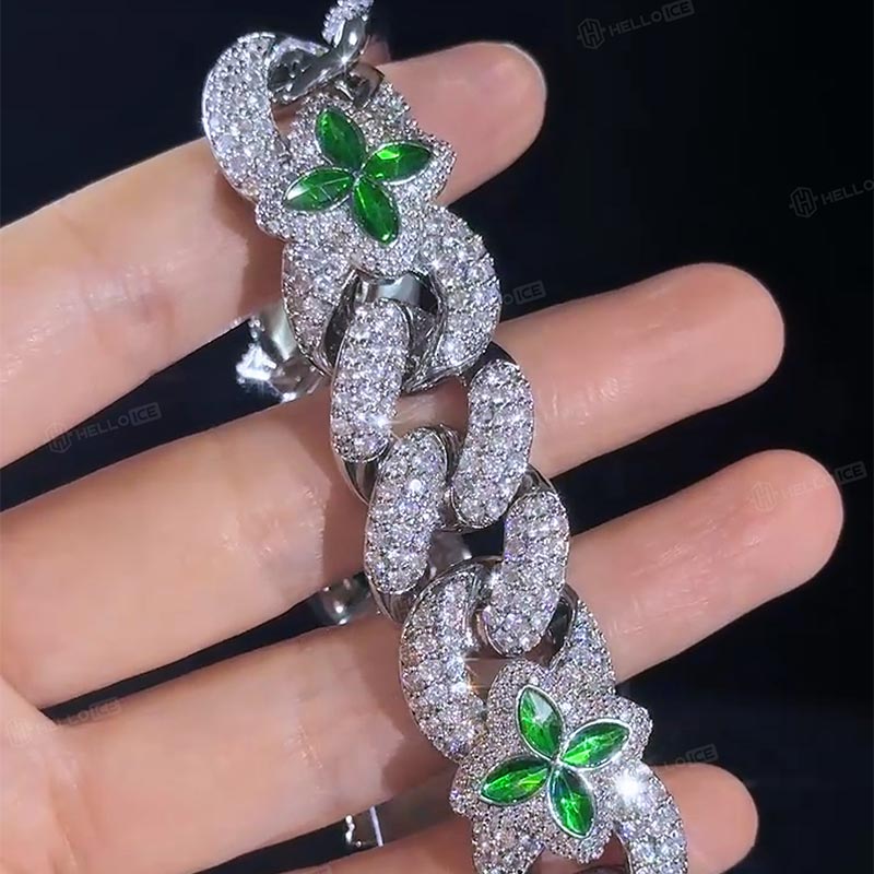 Iced 20mm Emerald Four Leaf Clover Cuban Bracelet