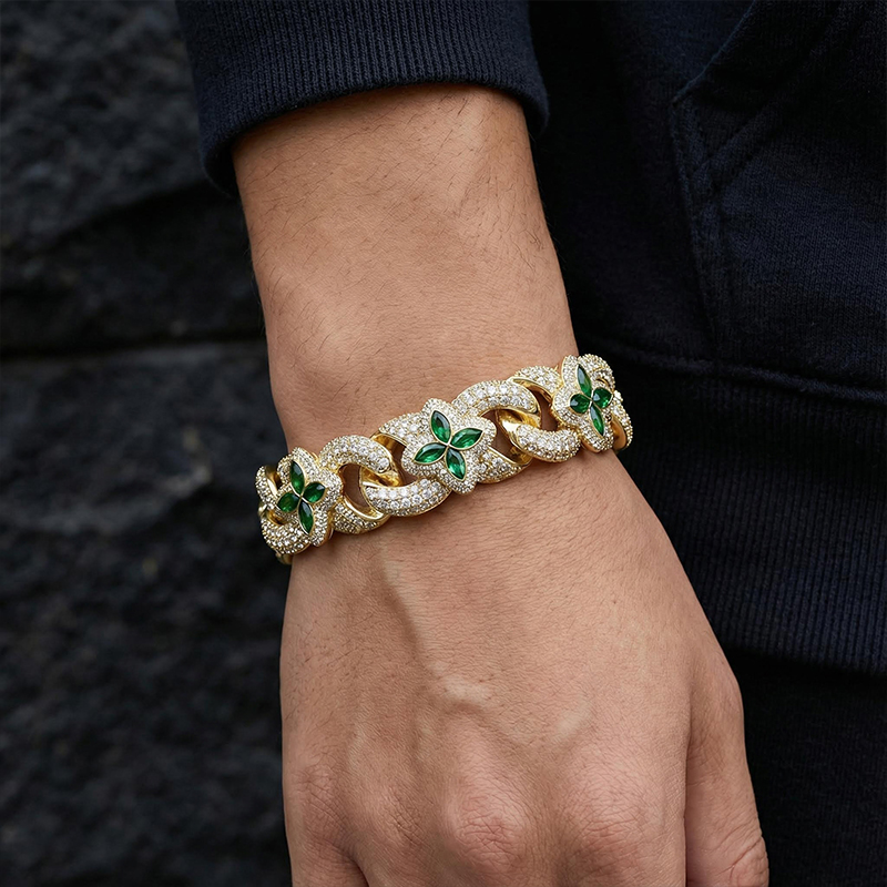 Iced 20mm Emerald Four Leaf Clover Cuban Bracelet Iced 20mm Emerald Four Leaf Clover Cuban Bracelet