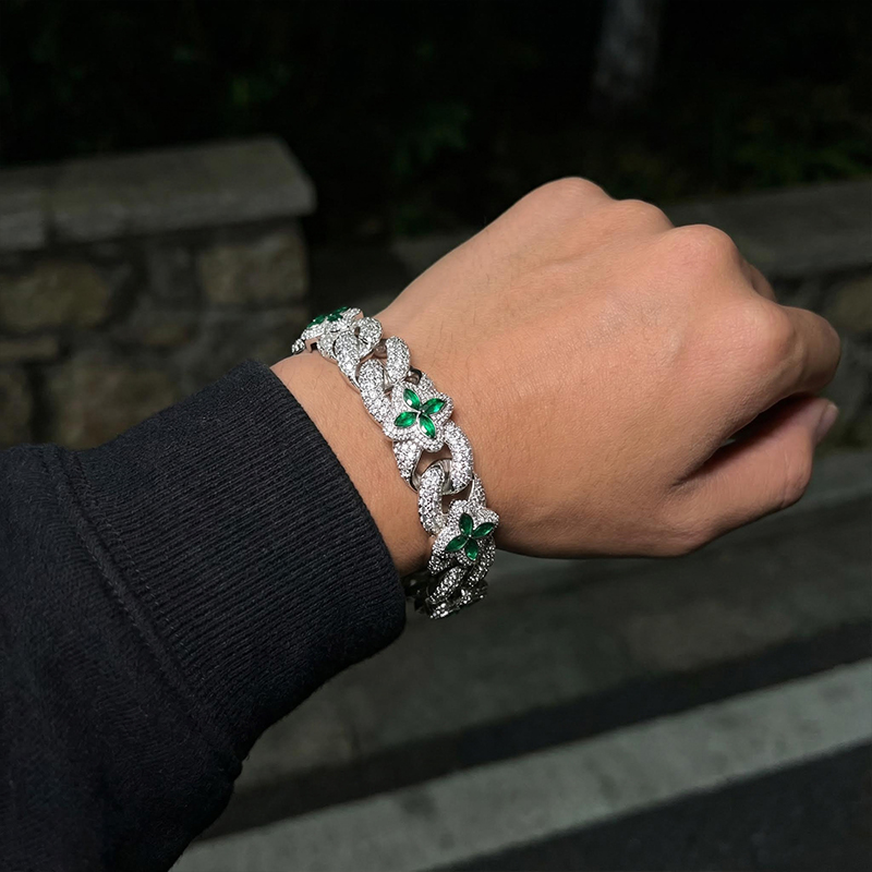 Iced 20mm Emerald Four Leaf Clover Cuban Bracelet Iced 20mm Emerald Four Leaf Clover Cuban Bracelet